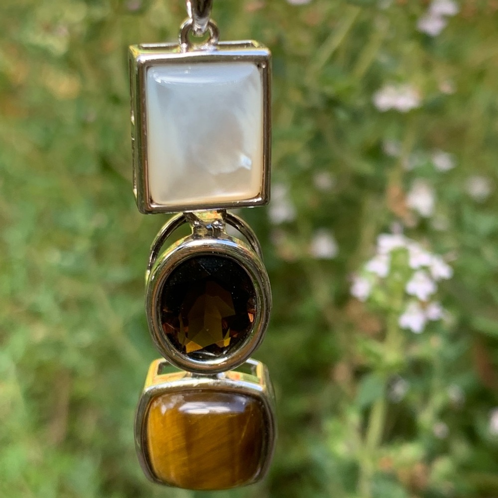 Sterling Silver MOP, Tiger's Eye, Smokey Quartz Modern Dynamic Pendant